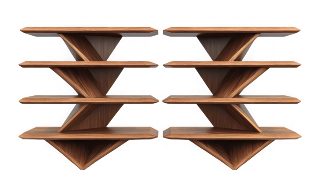 A symmetrical view of two wooden shelves with triangular supports on a plain black background