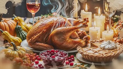 soft watercolor painting of a thanksgiving dinner table with glowing candlelight, roasted turkey centerpiece and pies, gentle paint bleed for cozy mood - Powered by Adobe