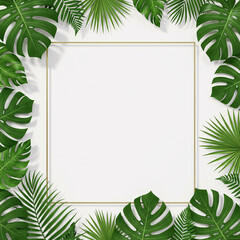 Obraz premium Green palm leaf frame border with tree branch, a natural plant decoration for a summer holiday card design