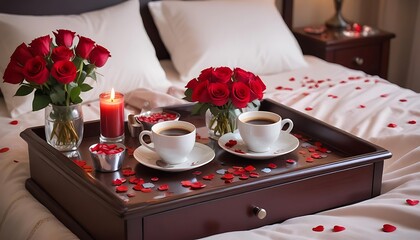 Romantic bed tray with coffee roses candle and rose petals