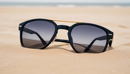 Stylish aviator sunglasses resting on a sandy beach