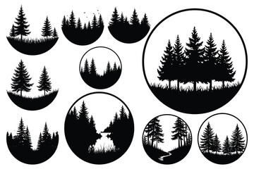 Fototapeta premium Black silhouette pine trees and grass in circular frames