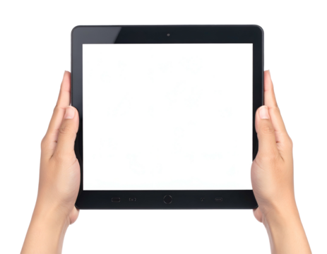 Close-up of hands holding a tablet with a blank, white screen. Isolated on black - Powered by Adobe