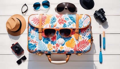 Brightly colored tropical patterned bag surrounded by summer accessories