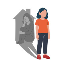 Vector of a sad woman with a shadow showing emotional pain inside a home, symbolizing woman abuse, depression, and mental health awareness for victims of domestic trauma.