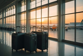 Luggage waiting in airport terminal at sunset with airplane outside window