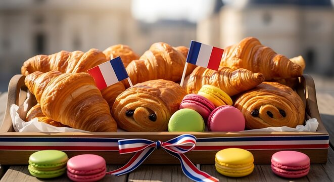 Delicious french croissants and colorful macarons arranged on a tray with small french flags, perfect for a parisian breakfast