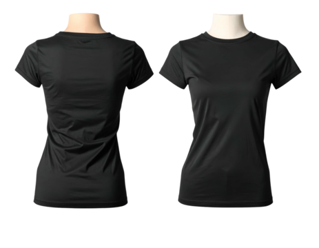 Front and back view of a plain black crew-neck T-shirt displayed on mannequins