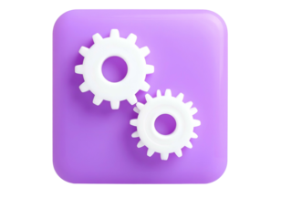A purple square features two white interlocking gears, a modern 3D rendering style