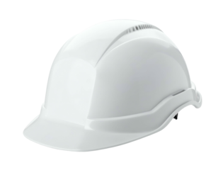 Glossy white hard hat angled left, emphasizing construction safety, on a transparent background