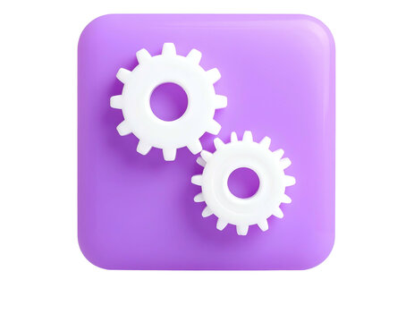 A purple square features two white interlocking gears, a modern 3D rendering style