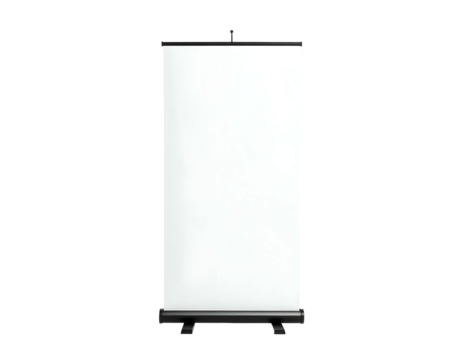 A vertical rectangular display screen, freestanding on a black base, against a black backdrop
