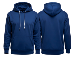 Front and back isolated product shot of a hooded sweatshirt in a deep, rich blue hue