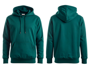Front and back view of a teal hoodie with a hood, drawstrings, and a kangaroo pocket