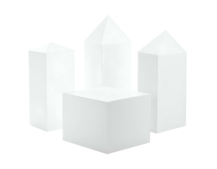 Four geometric white shapes arranged in a cluster, including a cube and three obelisks