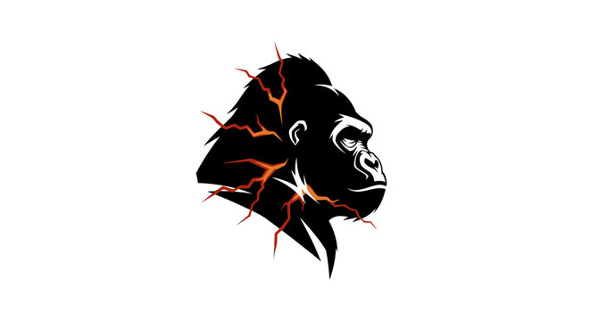 A striking black silhouette of a gorilla's head with fiery orange lightning effects emanating from its mane.
