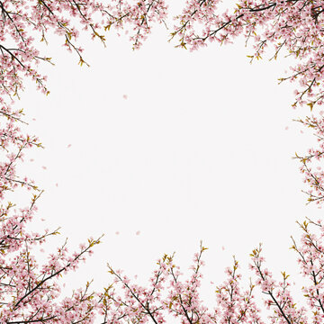 A spring floral design featuring a pink cherry blossom frame or border with beautiful sakura tree branches