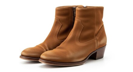 A pair of tan suede Chelsea boots with a side zipper and a stacked heel, presented against a white background.