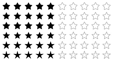 Collection of star rating icons showing filled and outline stars for reviews and feedback systems. Ideal for UI, web, and app rating interfaces, feedback forms, and customer experience designs.