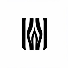 A minimalist black and white emblem featuring vertical bars flanking a central, abstract shape reminiscent of a flame or leaf