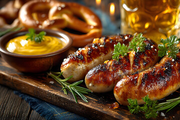 Bavarian sausages with pretzels, sweet mustard and beer