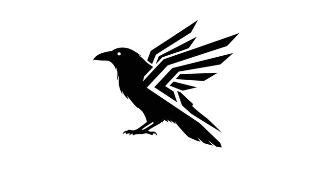 A minimalist black silhouette of a raven with stylized geometric wings spread wide against a white background.