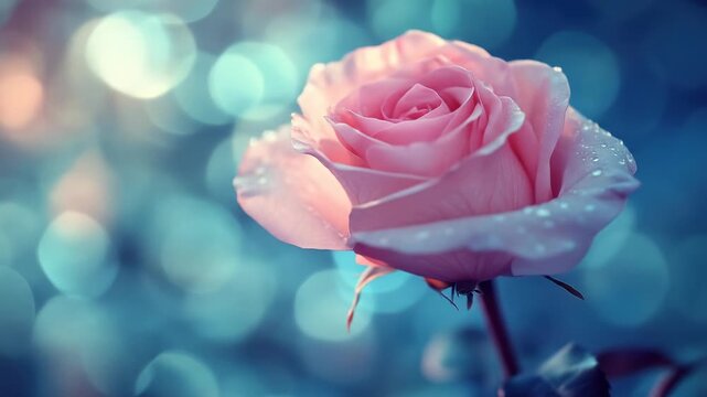 Soft pink rose with water droplets against a blue bokeh background
