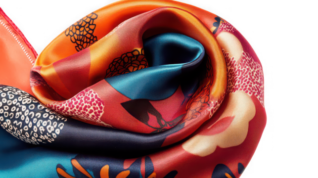 Close up shot of a colorful patterned silk scarf with orange red blue and black colors folded neatly