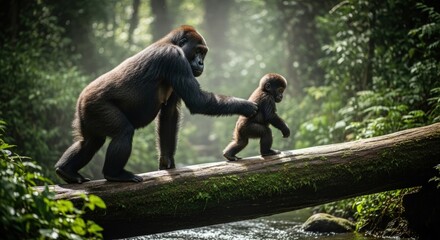 Naklejka premium A gorilla helps a smaller gorilla cross a fallen