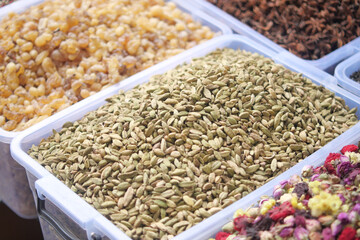 Variety of spices displayed at a market stall