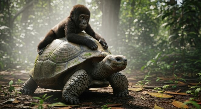 A monkey riding on the back of a large tortoise