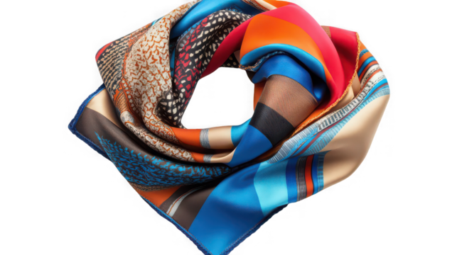 A colorful silk scarf with various patterns and designs folded against a black background in studio light