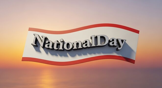 Silver 3d text spelling national day on a wavy banner against a soft sunset sky and ocean reflection, commemorating the day