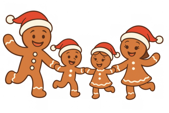 Gingerbread cookie family celebrating christmas, wearing santa hats, and holding hands, happiness and unity concept, transparent background