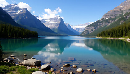 Maligne Lake with clear turquoise water, mountains, and forest under blue sky
