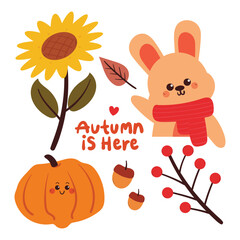 cute hand drawing cartoon bunny with autumn element drawing and sticker
