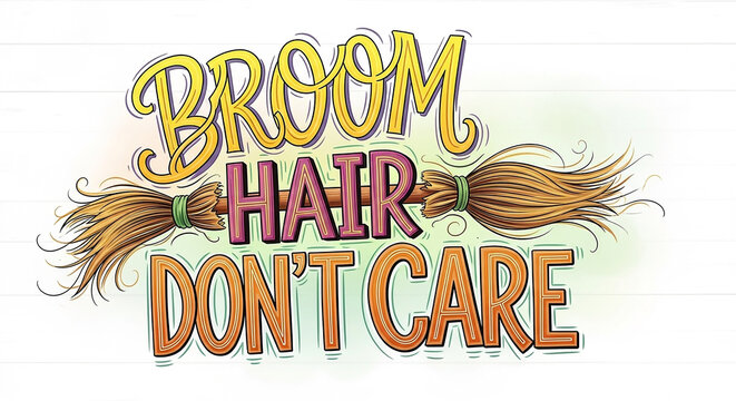 Whimsical halloween lettering with a broomstick graphic that says broom hair dont care in colorful, playful fonts on a white background