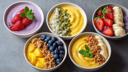 Colorful Variety of Smoothie Bowls with Fresh Fruits and Toppings on a Gray Background for Healthy Eating Lifestyle Concept Photography