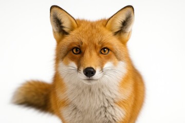 Fototapeta premium Red fox head and shoulders facing camera bright eye catchlight thick winter coat studio wildlife portrait on white