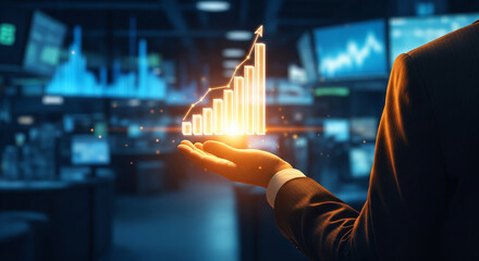 A businessman's hand holding a glowing holographic bar chart showing positive growth, perfect for illustrating financial success, investment, and market analysis