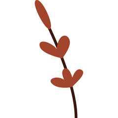 A Minimalist Abstract Illustration of a Single Stem with Three Brown Heart-Shaped Leaves on a Transparent White Background