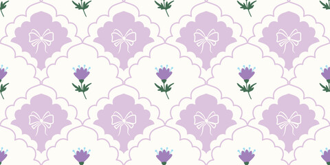 Coquette Floral trellis seamless pattern with bows and ribbons. Preppy spring summer hand drawn flowers. Botanical elegant trendy print. Vintage design for fabric, wallpaper, decor, background, paper