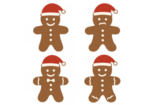Gingerbread men displaying various emotions and expressions, wearing santa hats, an illustration with transparent background