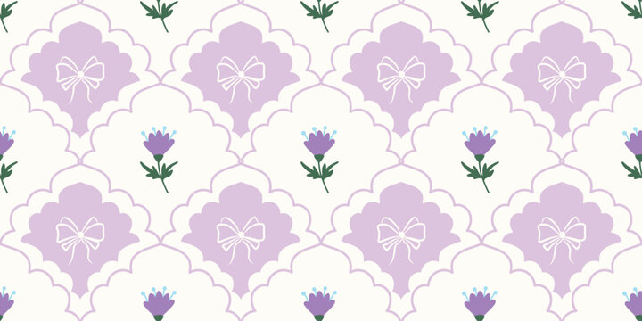 Coquette Floral trellis seamless pattern with bows and ribbons. Preppy spring summer hand drawn flowers. Botanical elegant trendy print. Vintage design for fabric, wallpaper, decor, background, paper