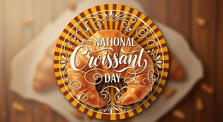 Closeup of a delicious goldenbrown croissant with ornate decorative elements and text national croissant day