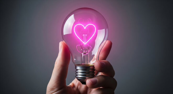 A hand holding a lightbulb with a glowing pink heart filament inside, a concept for passion, love for ideas, creativity from the heart, or healthcare innovation