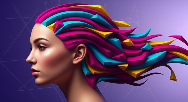 A futuristic profile of a woman with vibrant, multi-colored flowing hair made of sharp geometric shapes, a concept for creativity, digital art, or modern beauty