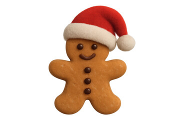 Gingerbread man wearing santa hat, smiling, representing christmas holiday and winter festive season, transparent background