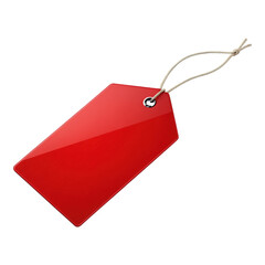 Glossy Red Price Tag with Metal Grommet and Beige Twine for Promotional Discount on Transparent Backdrop