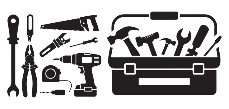 Workshop Tools Vector Illustration &ndash; Toolbox, Hand Tools, and Power Tools Silhouette Design for Mechanics and DIY Projects.